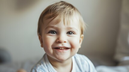 A cheerful baby with a wide smile and sparkling eyes, bathed in natural light, exuding pure joy and innocence.