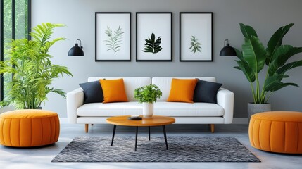 Modern Living Room Interior Design with White Sofa, Orange Pillows, and Green Plants