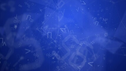 Animation of icons and changing mathematical symbols against blue background. Global networking and business technology concept. Plexus line. Loop animation. - Powered by Adobe