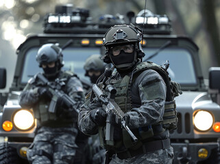 Police officers in tactical gear perform a choreographed dance on a hummer during the day