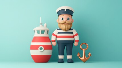 A cheerful sailor character stands beside a buoy and anchor, capturing the essence of nautical adventure and maritime fun.