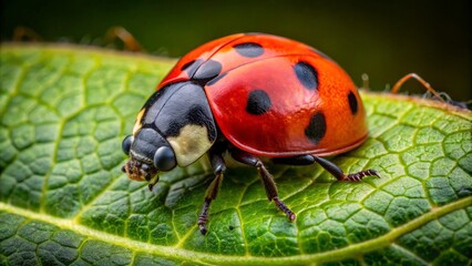 Naklejka premium Photo image of a red and black ladybug of the Coccinellidae family perched on a leaf with intricate veins.