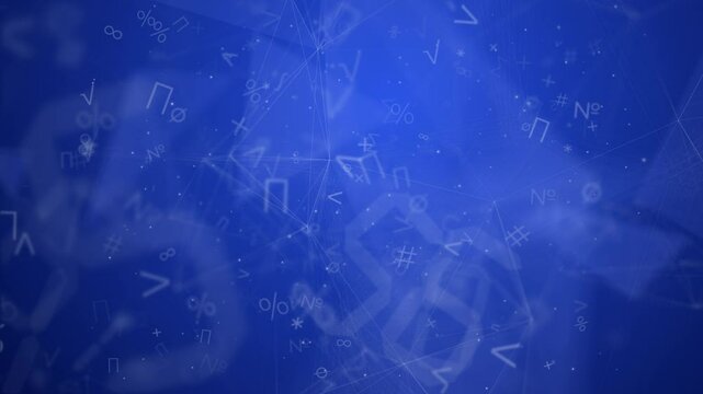 Animation of icons and changing mathematical symbols against blue background. Global networking and business technology concept. Plexus line. Loop animation. - Powered by Adobe
