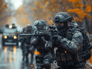Fototapeta premium SWAT police officers in tactical gear maneuvering through a wooded area during a training exercise in autumn