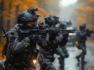 SWAT team engages in tactical operation on an autumn day with armored vehicle in background