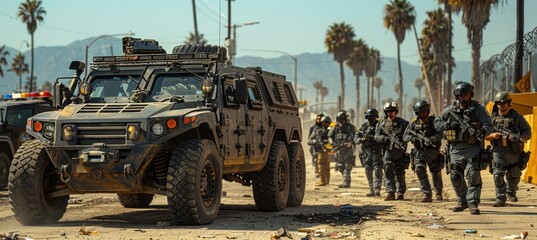 Military police officers in tactical uniforms patrol a street with an armored vehicle in a coastal city