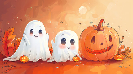 Obraz premium Halloween scene with adorable cartoon ghosts around and happy smiling face expression pumpkins on autumn orange leaves background for Ads, social media, banner. Happy event halloween holiday concept