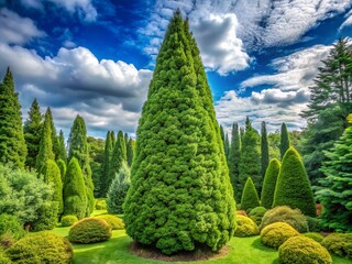 A majestic arborvitae towers above, its verdant foliage a tranquil haven for the lush greenery that thrives in its elegant, evergreen shadow.