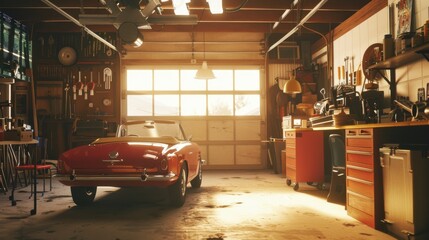 A classic red convertible rests in a sunlit garage filled with tools and equipment, evoking nostalgia and a love for vintage cars.
