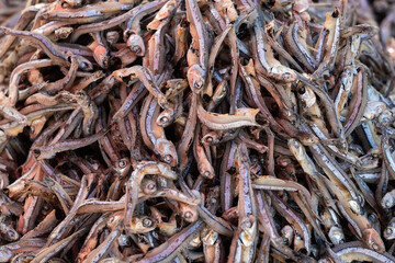 traditional dried small silver anchovy fish in the market.
