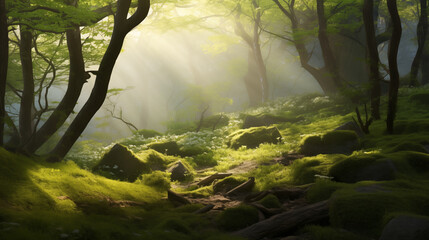 Serene Sunlit Path Through Moss-Covered Forest