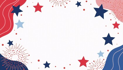Fototapeta premium Banner with a minimalist patriotic design, featuring red, white, and blue abstract shapes and stars.