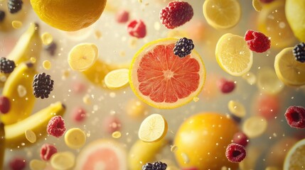 A burst of flying fruits--lemons, bananas, grapefruits, and berries--captured in motion, illustrating the concept of healthy living and natural food.