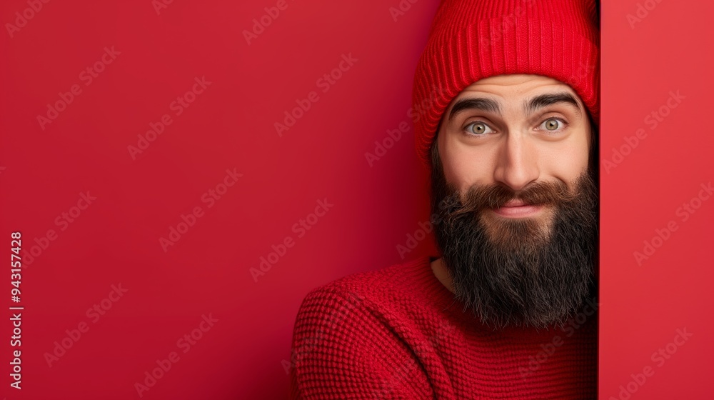 Poster A man with a red hat and beard is standing in front of a red wall. He is smiling and looking at the camera