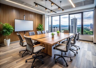 Fototapeta premium A modern office building's conference room with a sleek wooden table, ergonomic chairs, and a whiteboard, symbolizing a professional corporate hiring environment.
