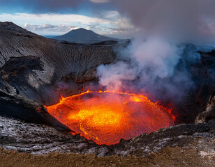 A volcanic crater with bubbling molten lava