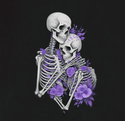 Two skeletons hugging surrounded by flowers. Illustration for Day of the Dead or Halloween