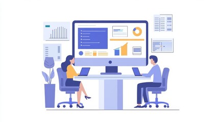 Two people working on a computer with graphs and charts on the screen.