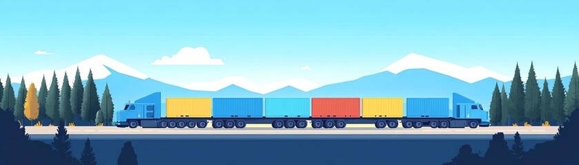 A semi-truck with colorful cargo trailers driving through a mountain landscape