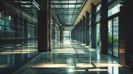 Corporate Hub: A Sleek City Business Center Hallway with Glass Doors and Modern Architecture