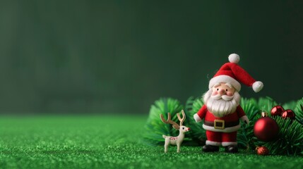 Obraz premium A festive scene with a miniature Santa Claus and reindeer figurines set against a green background, evoking the holiday spirit.