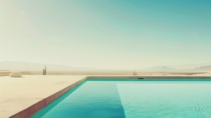Fototapeta premium An inviting clear blue pool stretches out into a vast desert landscape under a wide, pale sky, creating a cool oasis in the arid expanse.