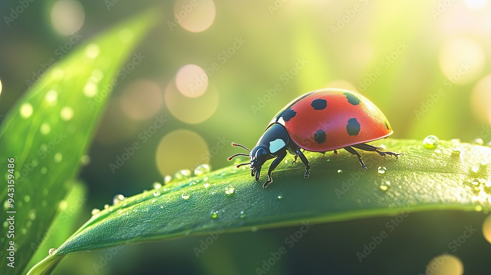 Aufkleber a detailed macro image of a ladybug crawling on a leaf, with a defocused background that enhances th
