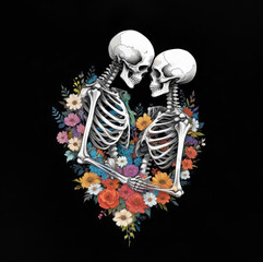 Two skeletons hugging surrounded by flowers. Illustration for Day of the Dead or Halloween