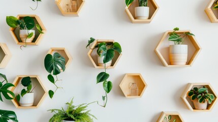 A vibrant display of hexagonal wooden shelves filled with various potted plants against a white wall, creating a lively and natural indoor garden.