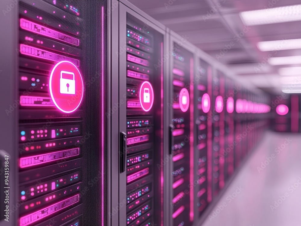 Poster rows of server racks with pink glowing lights in a data center.