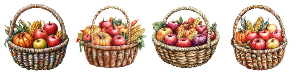 A set of four baskets filled with a variety of fresh fruits, including apples, pears, bananas, and pineapples, illustrated in a detailed watercolor style.