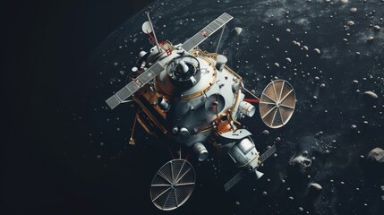 Obraz premium A detailed shot of a spacecraft floating in the vast, dark expanse of space with numerous asteroids scattered around.