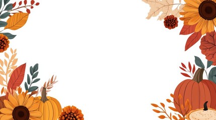 Fototapeta premium *** A Thanksgiving theme border, seasonal festive, featuring pumpkins, sunflowers, colorful leaves, pies, and others. Warm colors, on white background.