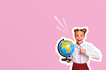 Fototapeta premium Composite photo collage of astonished girl hold globe supply geography lesson preparation education fall isolated on painted background