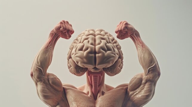 A surreal image depicting a human brain on a muscular body, flexing its arms powerfully to signify the intersection of physical strength and mental might.