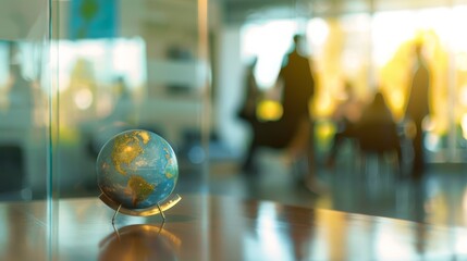 A small globe sits on a polished table in a bright office setting, with blurred figures in the background discussing business.