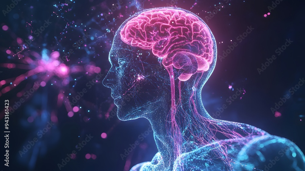 Poster 11. **design a holographic human body with emphasis on the brain and nervous system, highlighting ne