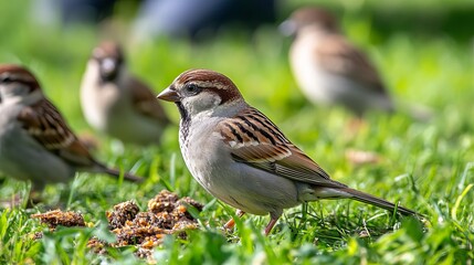 Sparrows in their natural habitat on a sunny day, perched on grassy ground where bird food has been scattered by a man. 