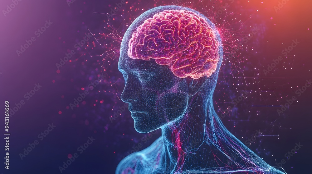 Poster 11. **design a holographic human body with emphasis on the brain and nervous system, highlighting ne