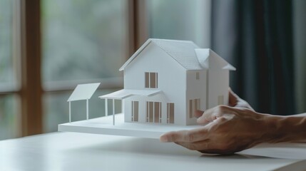 Hands delicately present a pristine white model house indoors, signifying ideas of new beginnings, architectural dreams, and meticulous craftsmanship.
