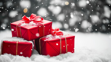 Christmas gifts on the white snow with light and empty space. cozy charismas background