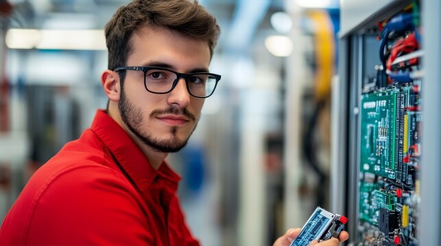 A young technician works diligently on electronic equipment, showcasing expertise and precision in a modern industrial setting.