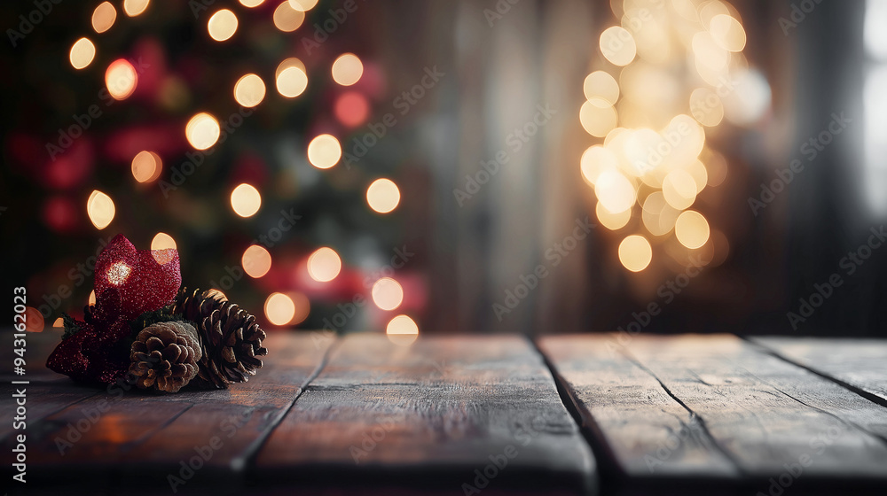 Poster wooden table charismas copy space with blurred background with christmas tree and glowing lights wit