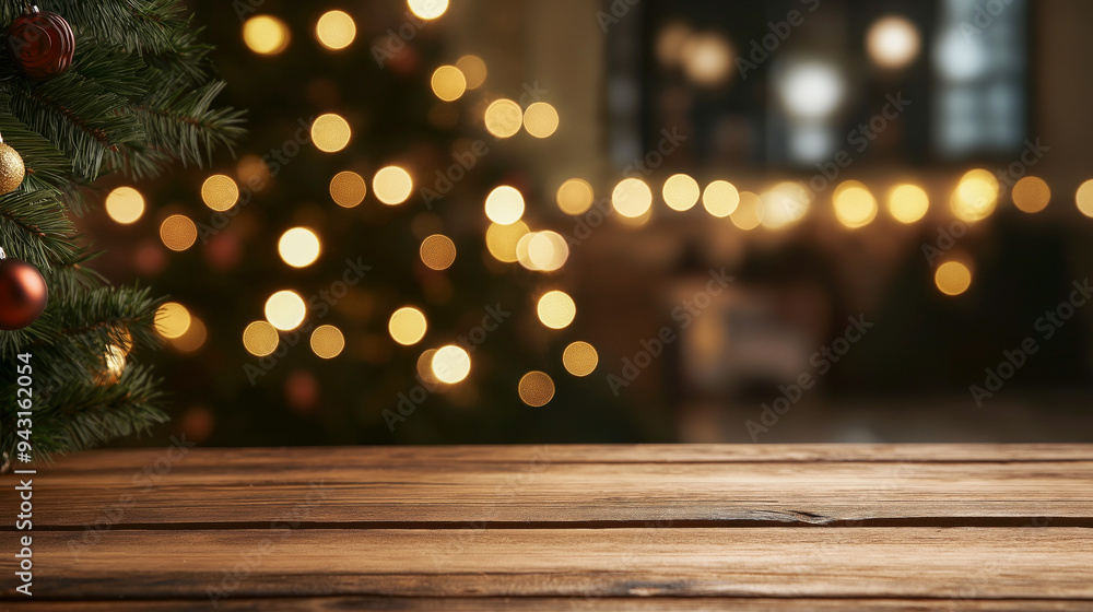 Poster wooden table charismas copy space with blurred background with christmas tree and glowing lights wit