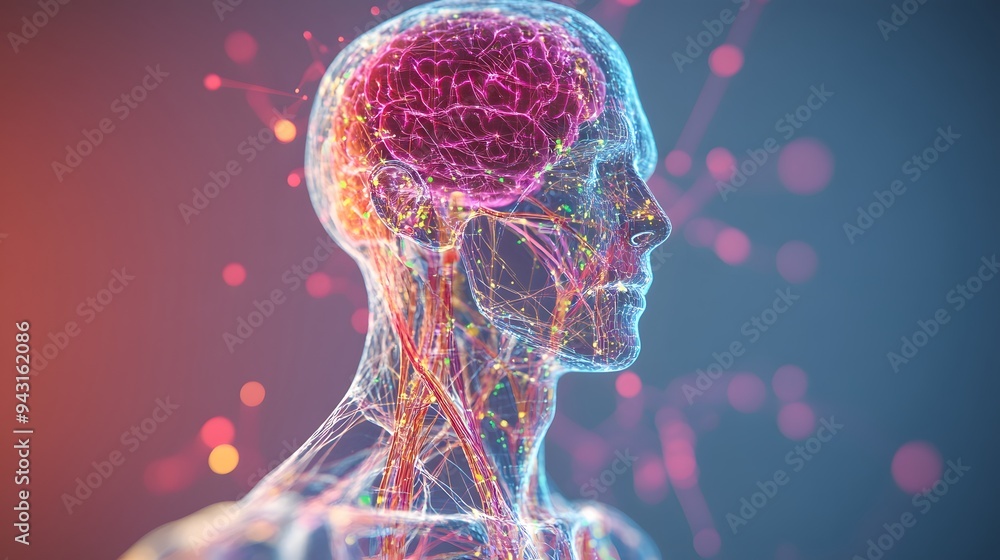 Poster 11. **design a holographic human body with emphasis on the brain and nervous system, highlighting ne