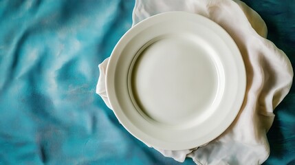 Top view of an empty round white plate placed on a tablecloth against a colored background, with space on the napkin for your design.