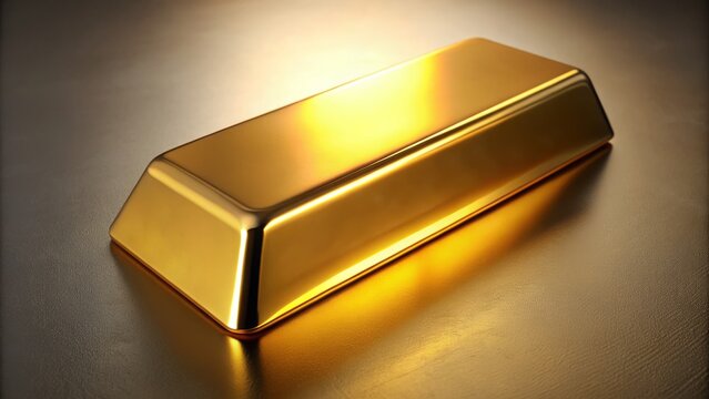 A shiny gold ingot glimmers on a reflective surface, its smooth, polished edges and surfaces radiating warmth and value, symbolizing wealth and prosperity.