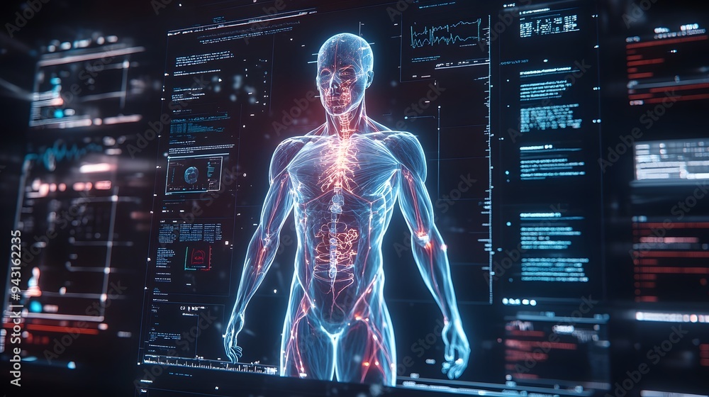 Poster 12. **create an image of a holographic human body with real-time data overlays showing vital signs s
