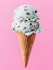 mint chocolate chip ice cream in the cone isolated on pink