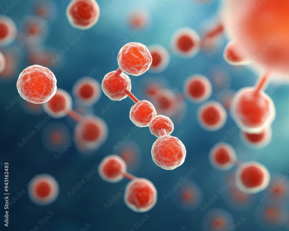 Poster abstract 3d rendering of red spheres connected by thin lines, against a blue background. microscopic
